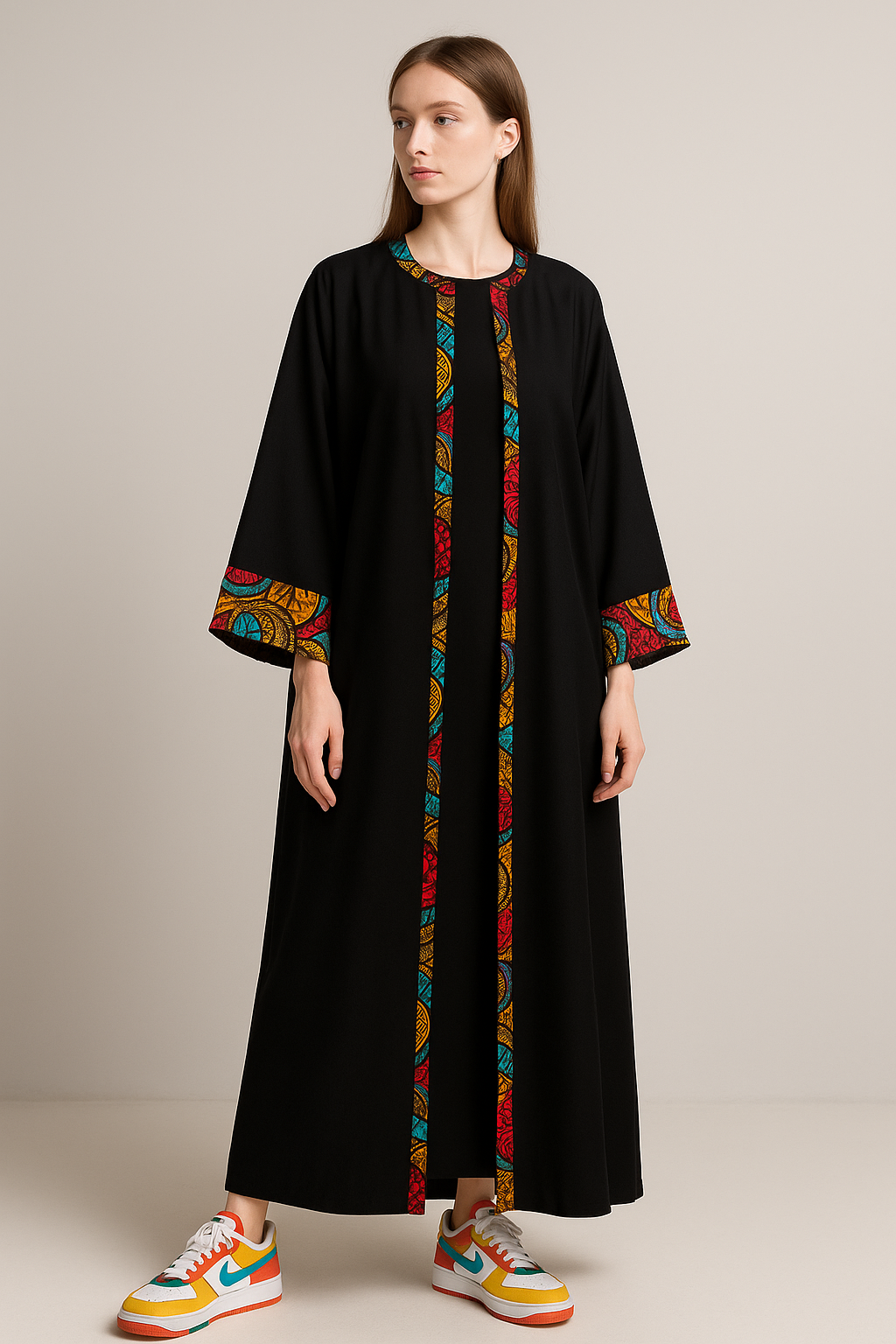 Ayana Abaya – Midnight Empress (Black with Ankara Trim)